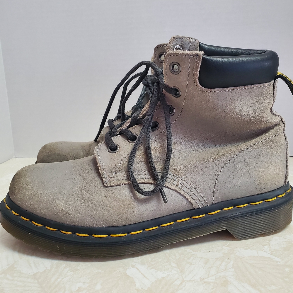 Dr. Martens Gray Suede Boots with Yellow Stitching